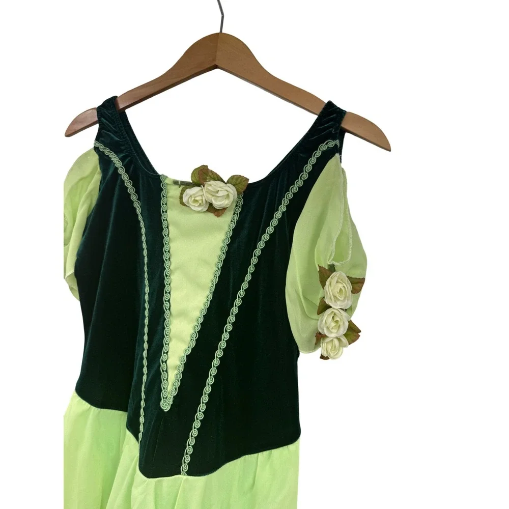 ArtStone Green Velvet Chiffon Dance Costume Floral Leotard Dress Adult Medium